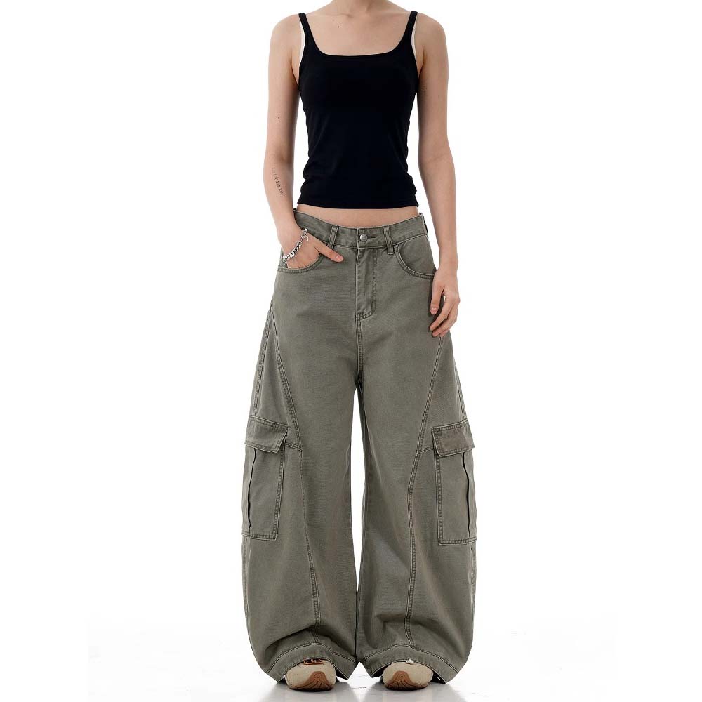 美式复古解构弯刀工装裤女夏季设计感多口袋休闲宽松直筒阔腿裤子