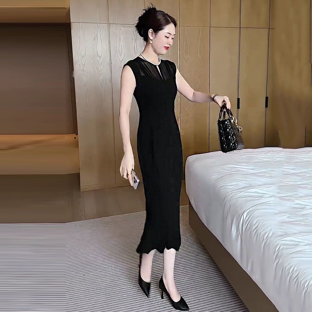 夏季新款经典纯色拼接网纱圆领时尚无袖连衣裙女年轻薄款简约显瘦