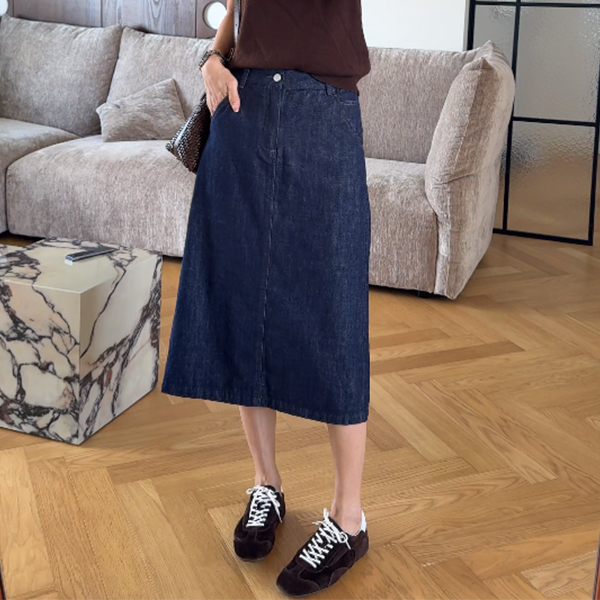 “洋气丹宁”深蓝牛仔裙复古高腰直筒修身半身裙女开叉中长裙251392