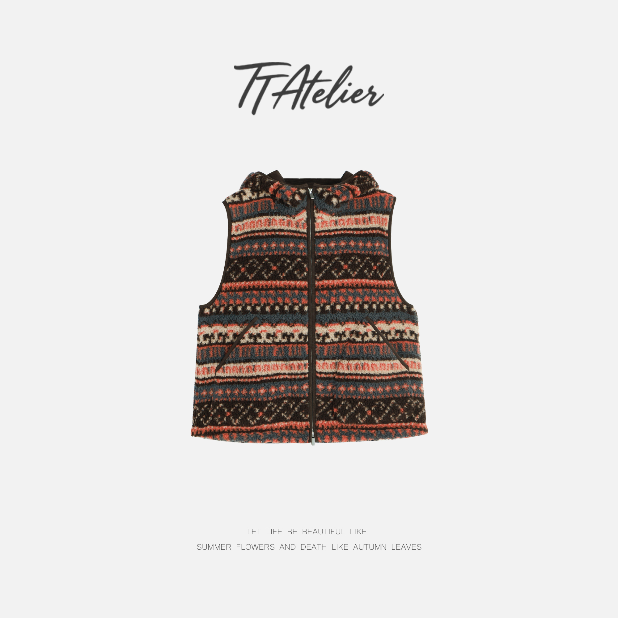 TT设计师【浪漫诗集】复古感老钱风费尔岛连帽棉马甲TT191717