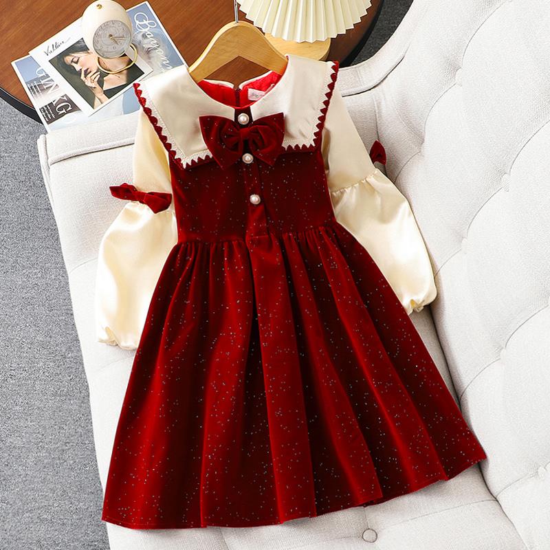 范哲萨女童红色连衣裙冬季加绒新年裙子20女童秋冬红色公主裙