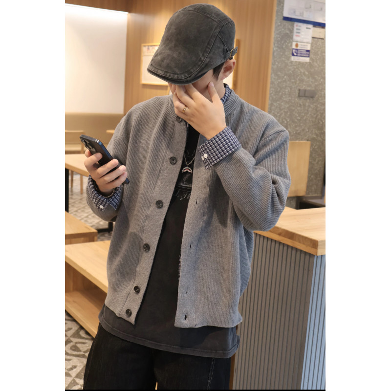 美式休闲衬衫拼接假两件毛衣男女款秋季叠穿开衫高级感针织衫外套