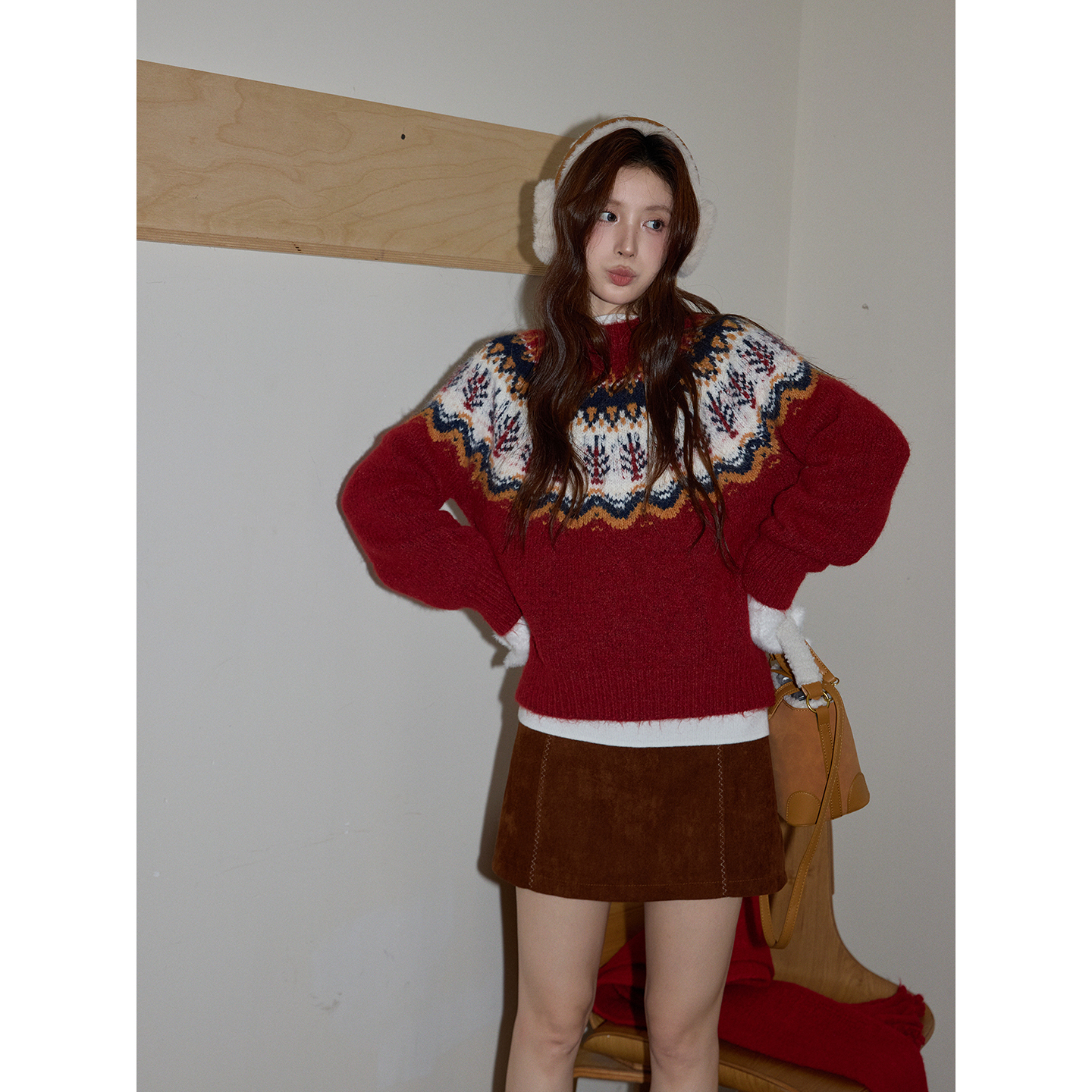 【吵吵家】红色圆领费尔岛套头圣诞毛衣女2025冬针织衫长袖毛线衣