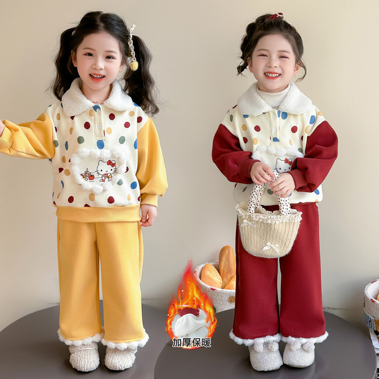 女童卡通猫咪波点加绒套装秋冬2025新款洋气女孩时髦休闲两件套潮