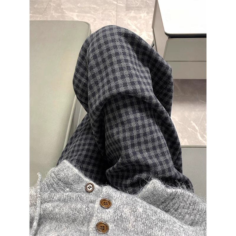 黑灰色格子裤女春秋新款大码胖mm宽松显瘦慵懒风休闲裤毛呢阔腿裤