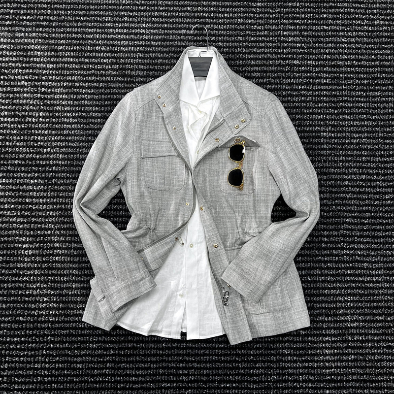 CssuGent那不勒斯皇后人字纹立领无结构夹克男高端绅装商务外套