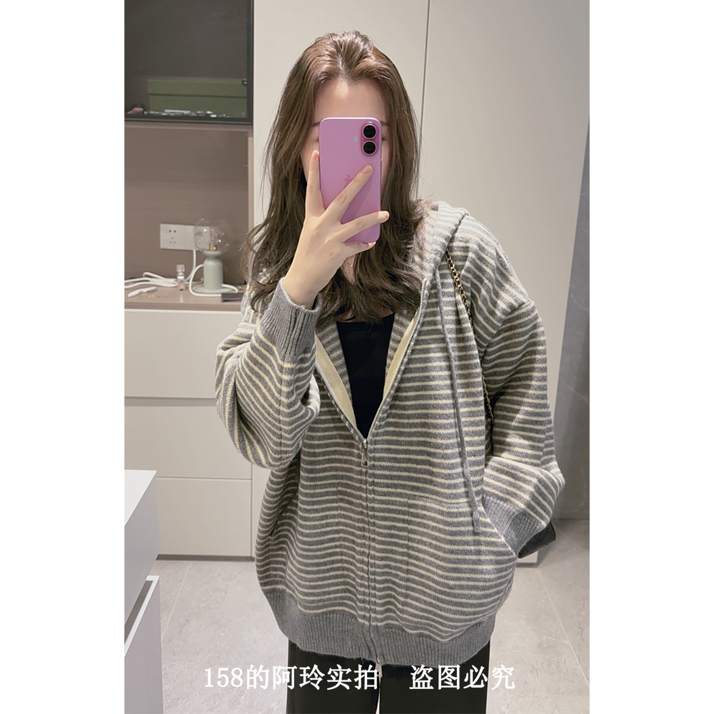 【阿玲实拍】软糯条纹连帽毛衣女宽松保暖外套2025秋季新款韩版