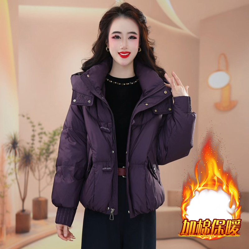 韩版简约风纯色长袖棉服女2025年冬季新款加棉保暖宽松开衫外套潮