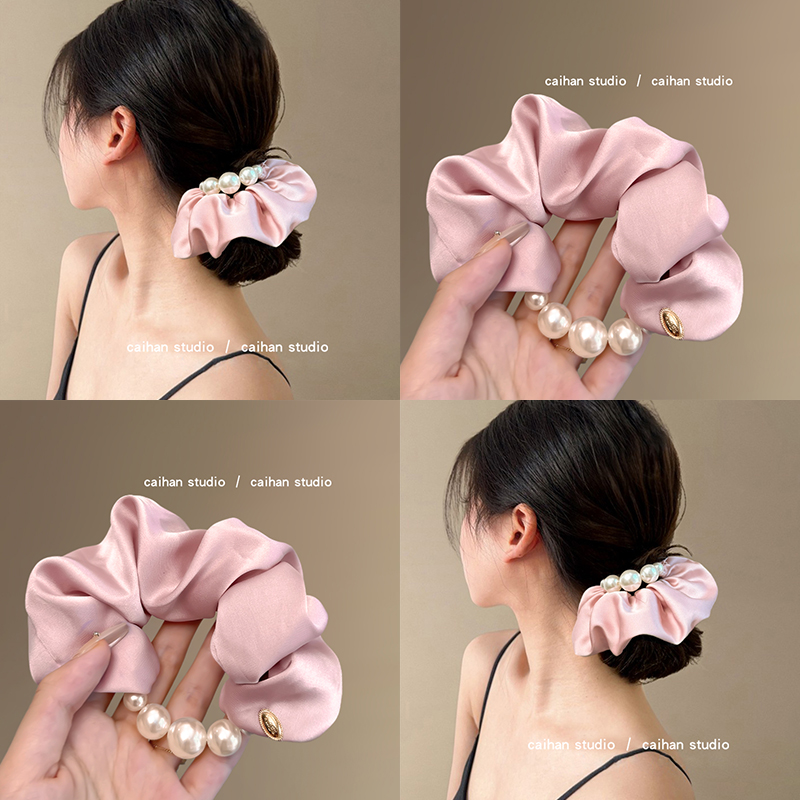 颜值担当~温柔气质缎面珍珠发圈低马尾头绳女高级感盘发旅行皮筋