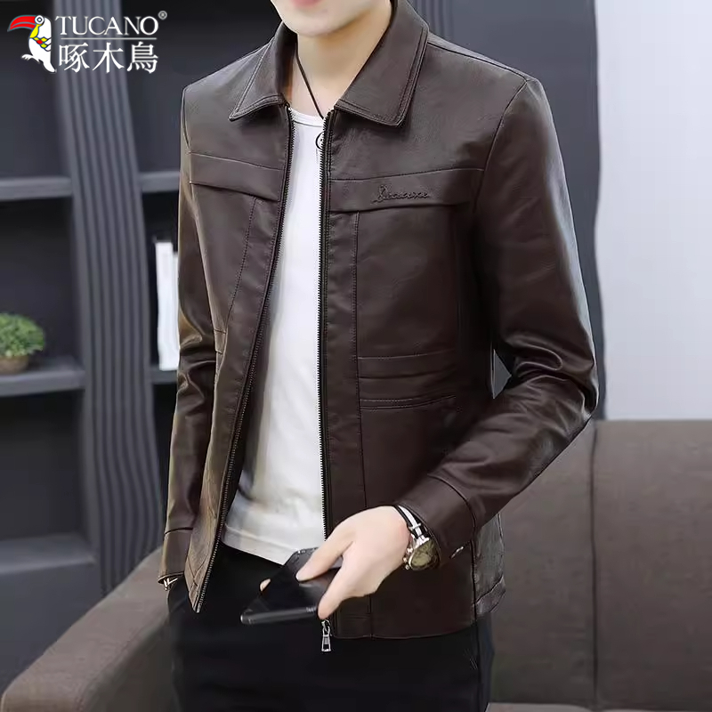 TUCANO/啄木鳥高档海宁翻领皮衣男士春秋季痞帅机车服皮夹克外套