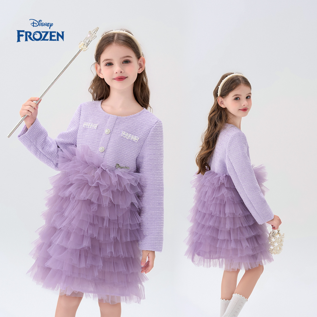 Disney/迪士尼女童礼服纯色蛋糕裙连衣裙优董思玗印花公主裙童装