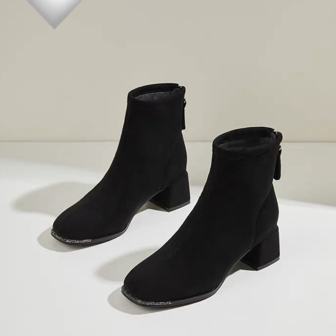 粗跟短靴韩版方头加绒瘦瘦靴秋冬百搭时装靴后拉链女