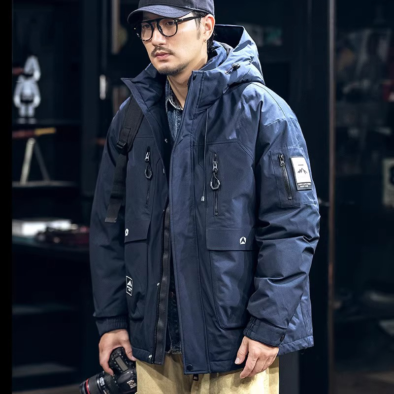 秋冬90%鸭绒美式羽绒服男士宽松大码保暖上衣冬季工装连帽外套