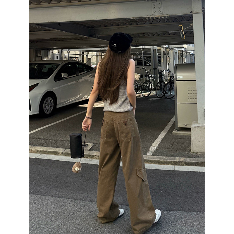 ins风水洗工装休闲裤女2025秋季新款高腰辣妹直筒阔腿裤复古裤子