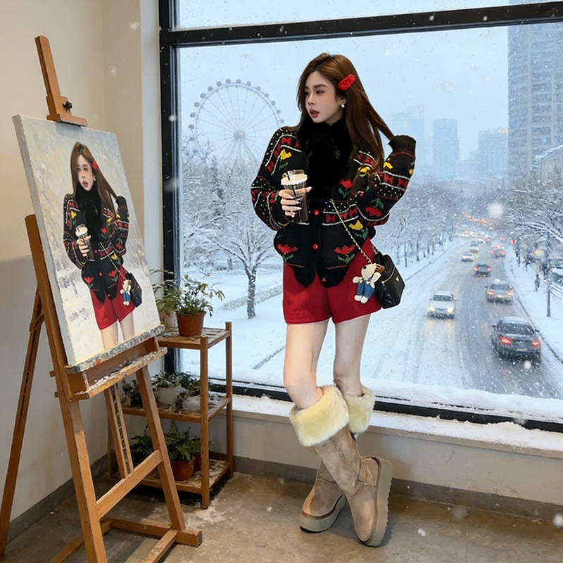 2026超火冬装穿搭一整套女圆领提花针织开衫百搭短裤两件套