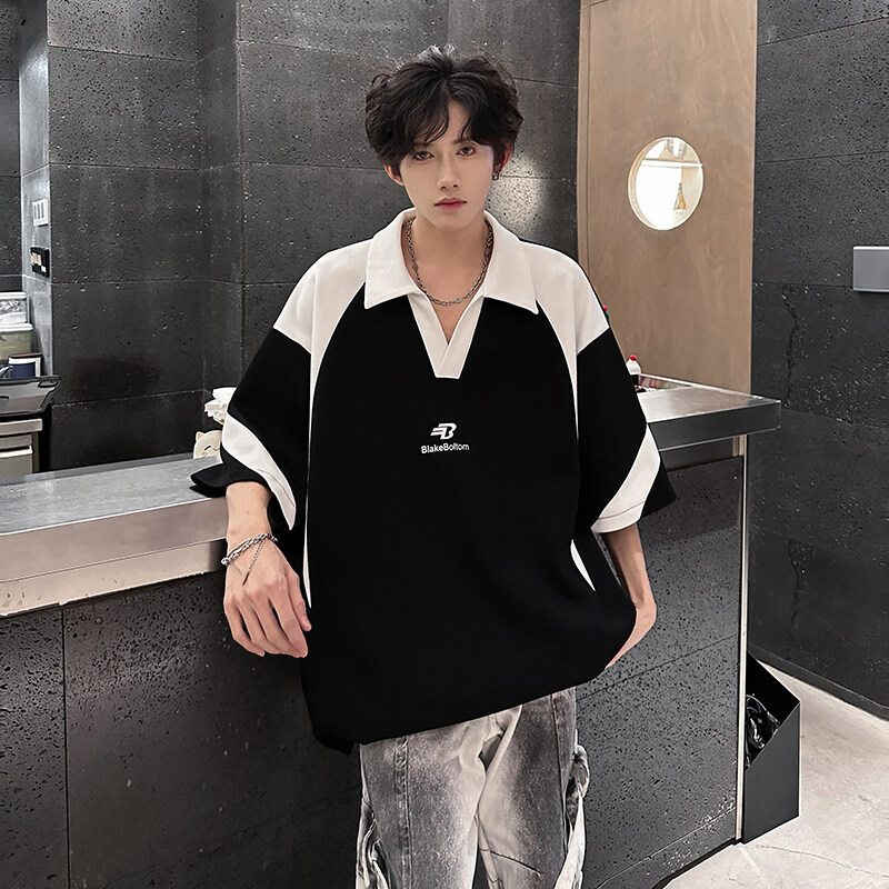 夏季美式高街短袖T恤男士宽松翻领学院风拼接撞色潮牌百搭打底衫