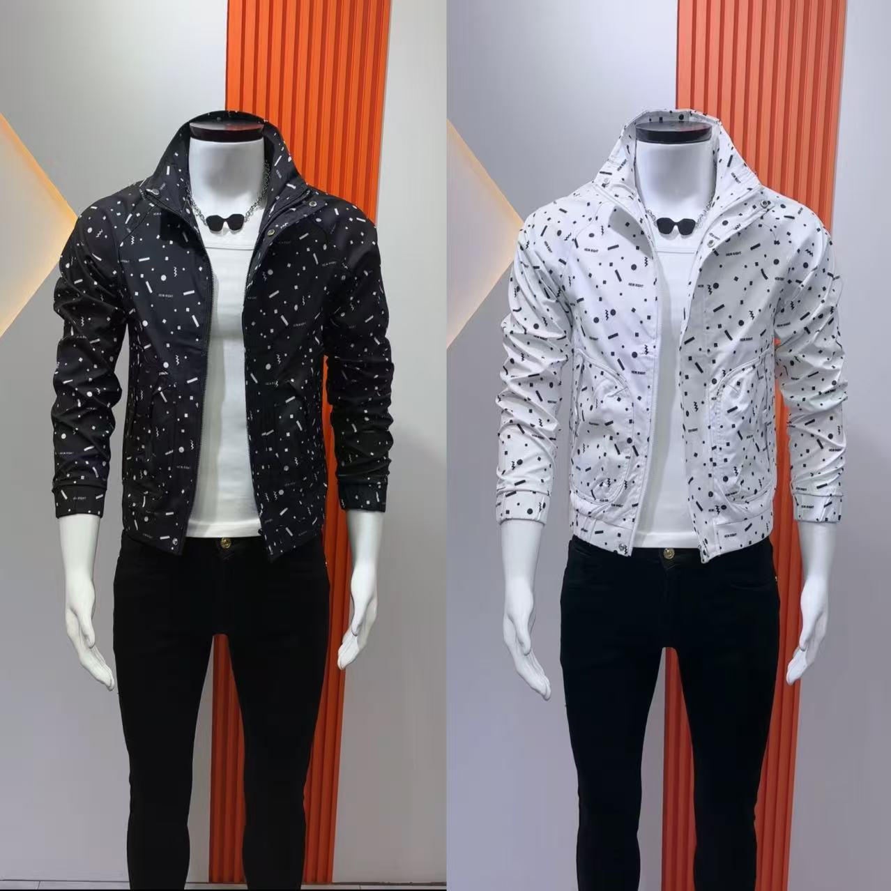 时尚潮流秋季男士夹克外套休闲百搭爆款修身褂子印花立领痞帅高级