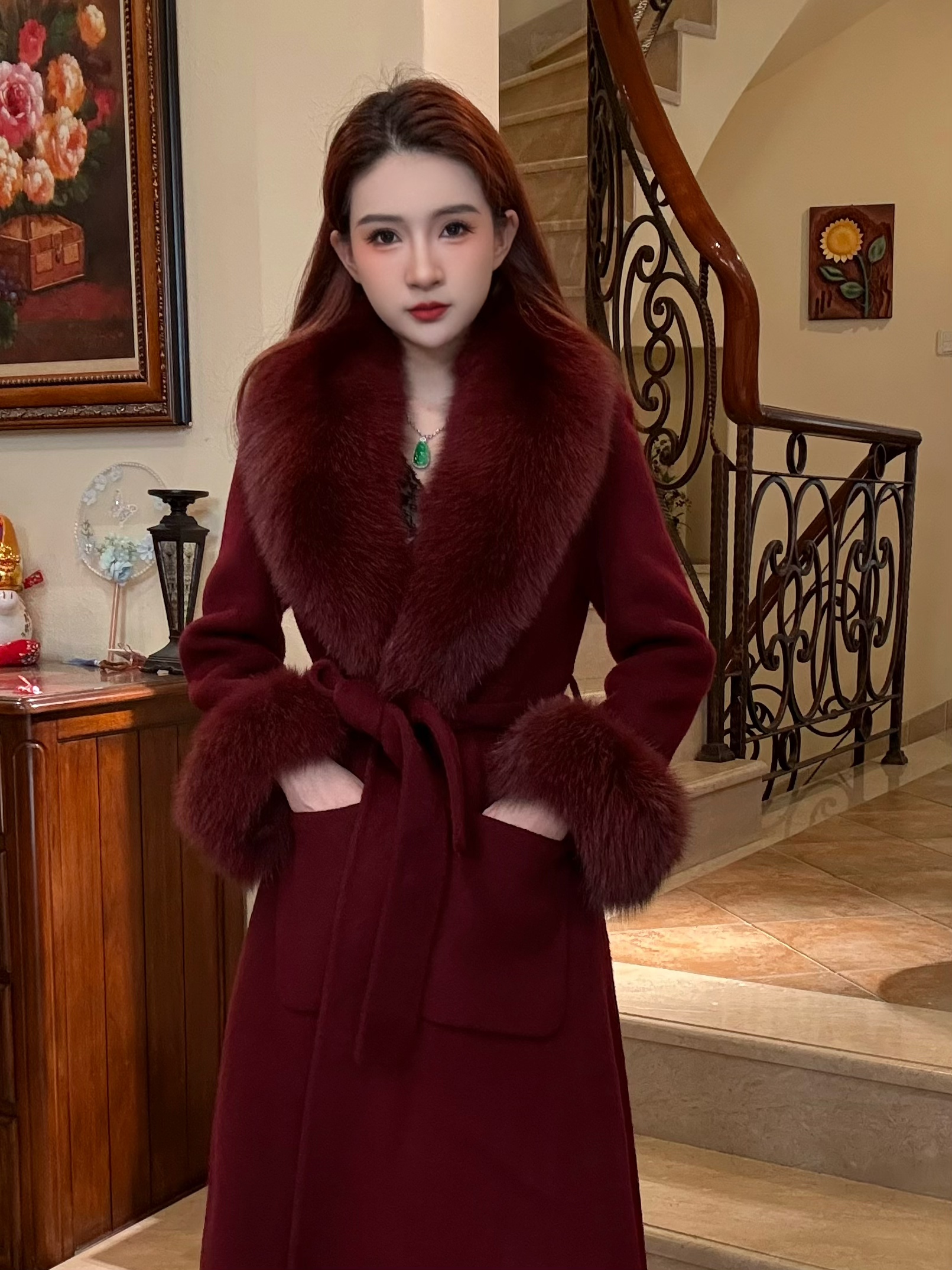 【瑶瑶专属】爱玛仕红色超大狐狸毛领双面羊毛大衣修身显瘦加长款