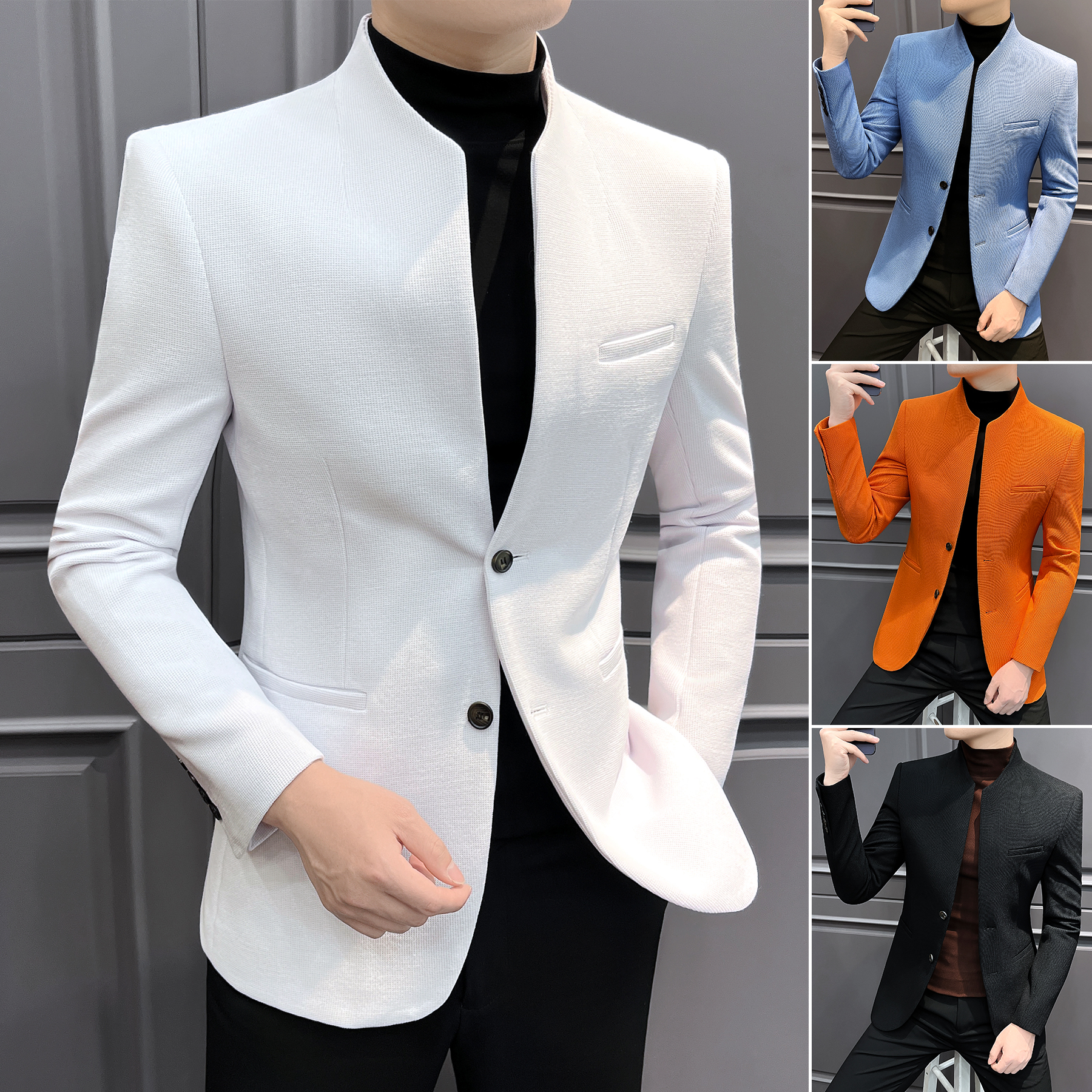 立领休闲西装外套男款秋冬高级感华夫格新中式帅气男士单件小西服