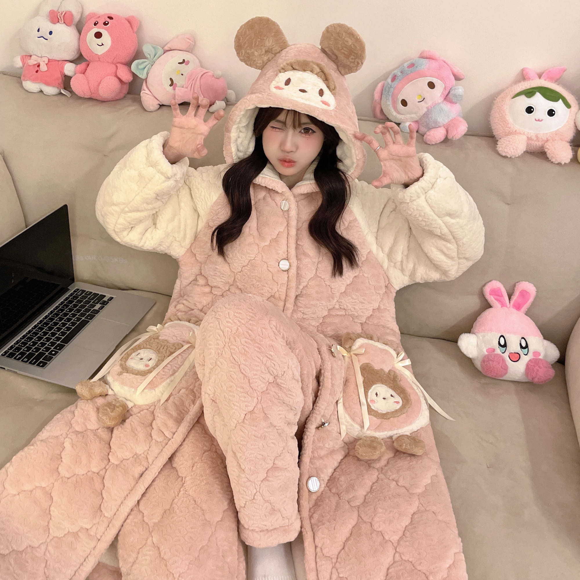 2025三层夹棉睡衣女秋冬季加绒加厚连帽睡袍可爱浴袍家居服冬天