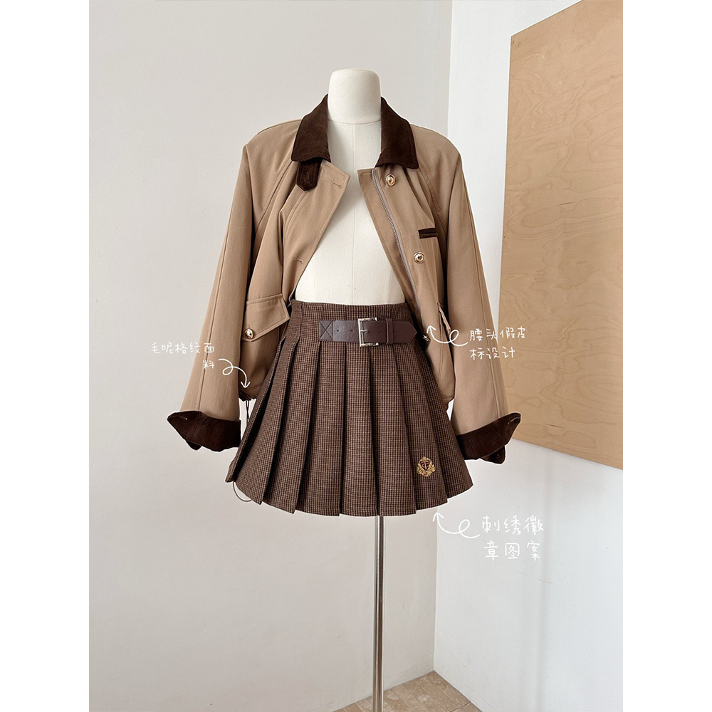 韩系侧皮扣刺绣图章毛呢百褶裙女秋冬新款学院风高腰显瘦短裙子