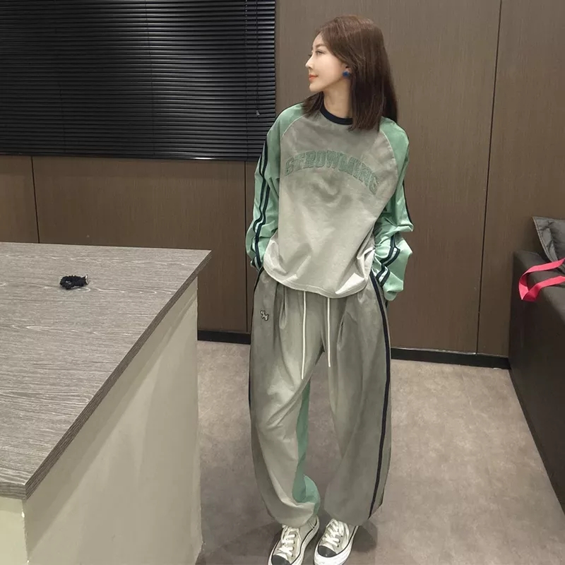欧洲站2025秋季新款韩版百搭休闲显瘦印花圆领T恤高腰长裤两件套