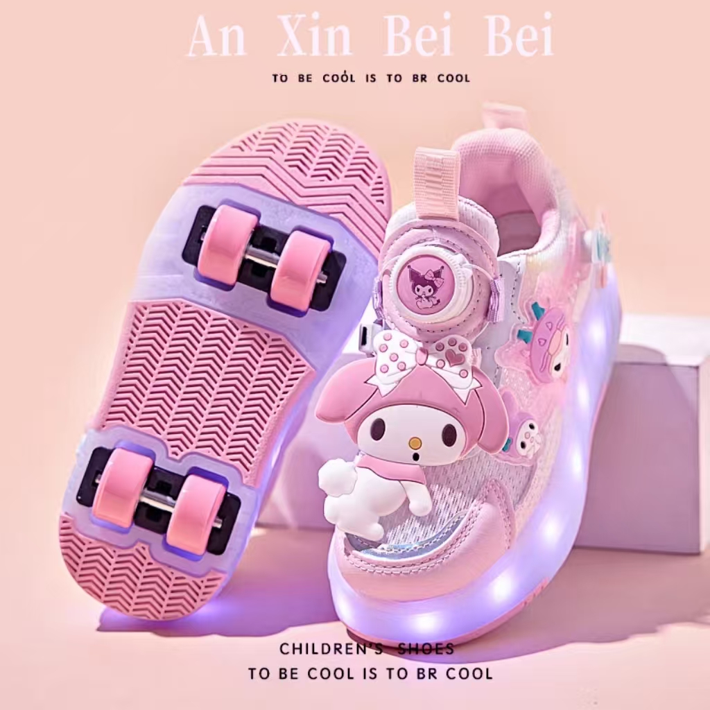 2025新款美乐蒂网红女童暴走鞋儿童四轮带刹车卡通女孩发光滑轮鞋