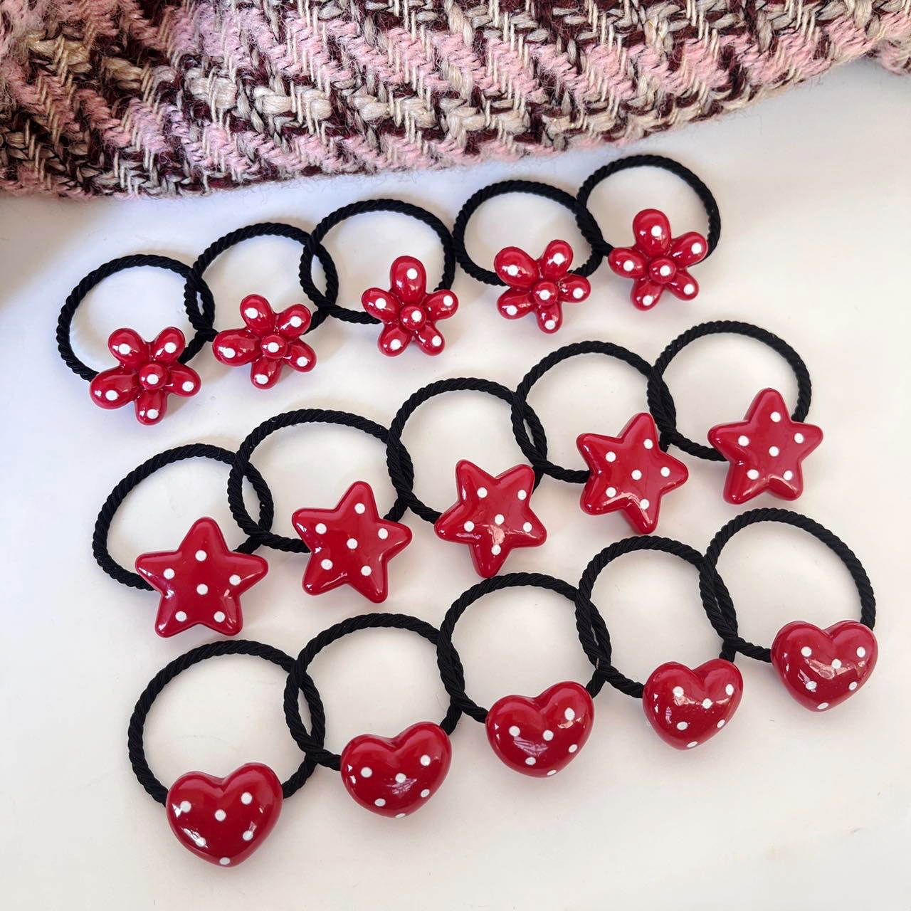 新款时尚安哥拉红色波点爱心花朵大发圈女童皮筋扎发发圈头绳皮筋