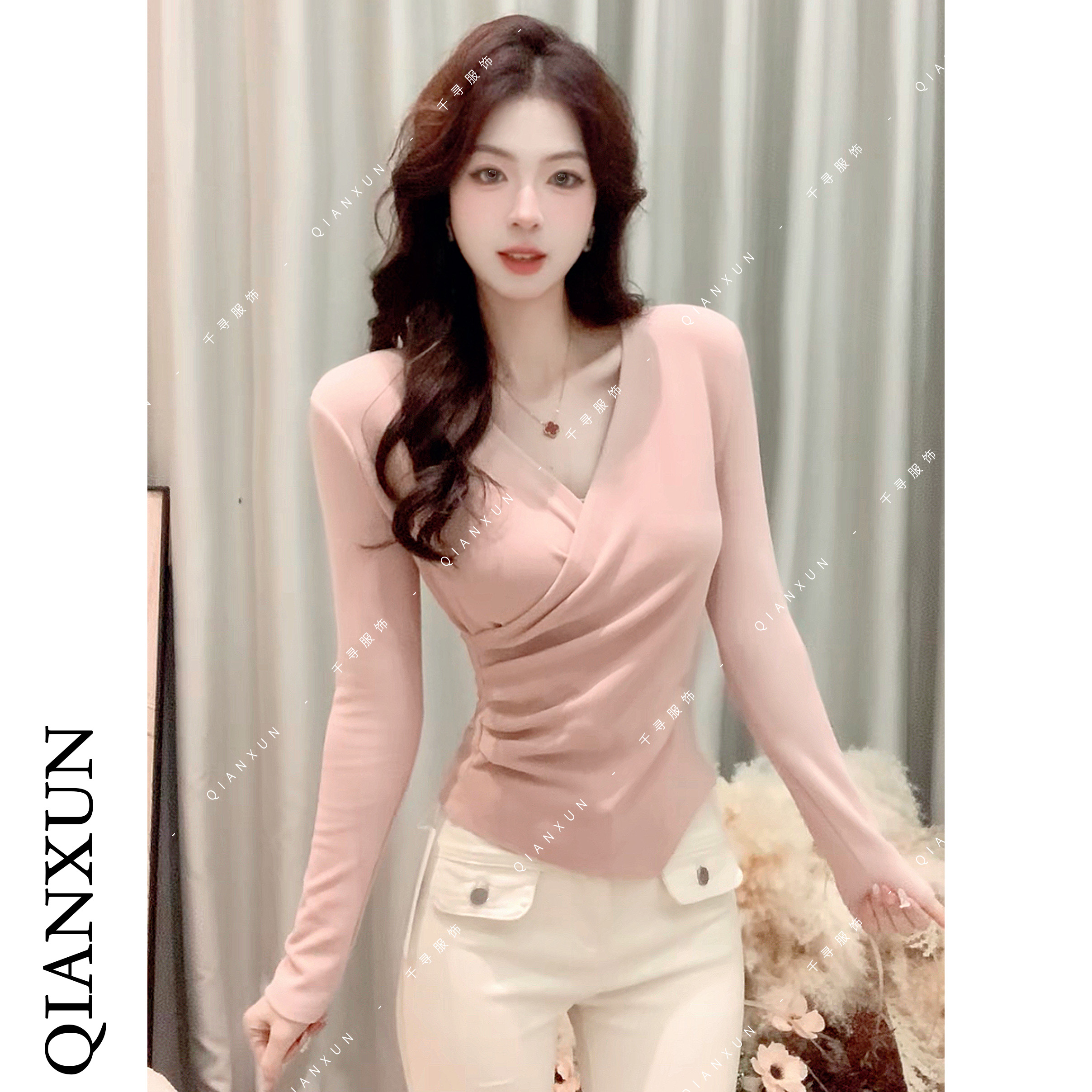 千寻家 交叉V领长袖女不规则修身百搭打底上衣女显瘦秋冬T恤621