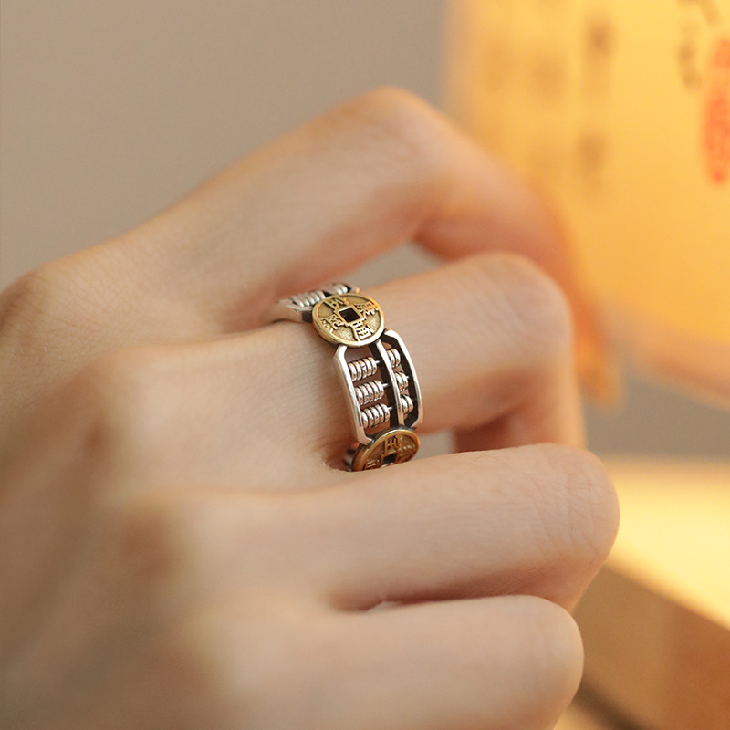 黄铜戒指 四方来财铜钱算盘戒指复古手工个性指环国风小众设计感