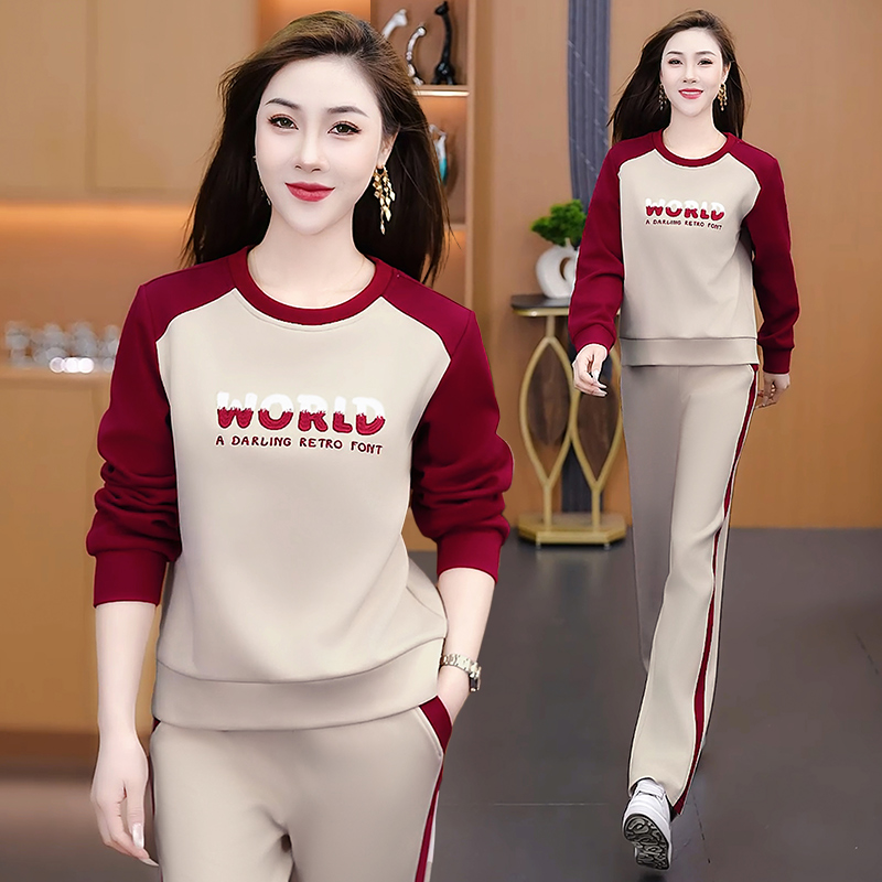 气质插肩春秋款洋气圆领卫衣两件套减龄大码直筒裤显瘦遮肉套装潮