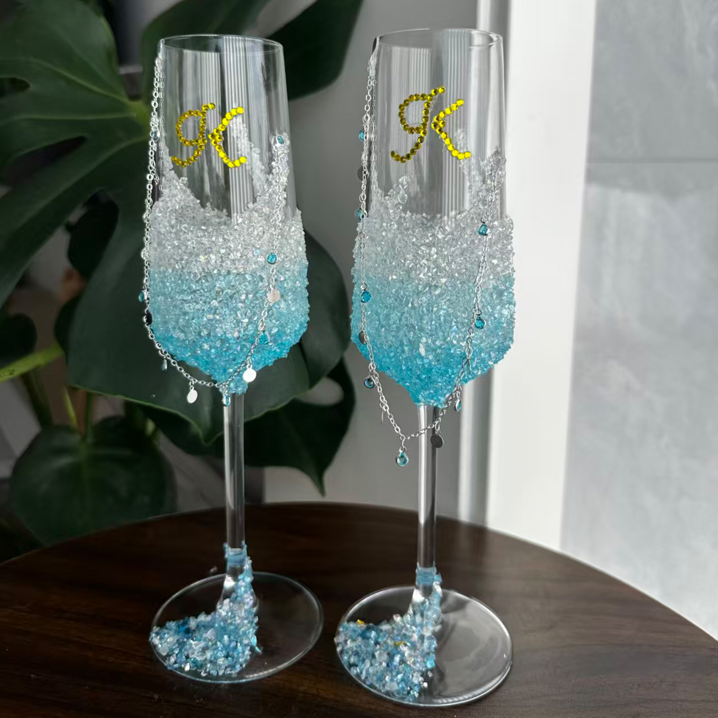 网红同款手工diy蓝色系敬酒杯应援高脚杯婚礼酒杯送闺蜜新婚礼物