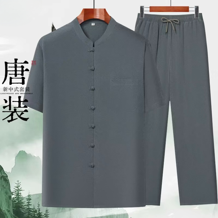 中国风唐装中老年夏季套装爸爸装爷爷装晨练中式盘扣大气纯色