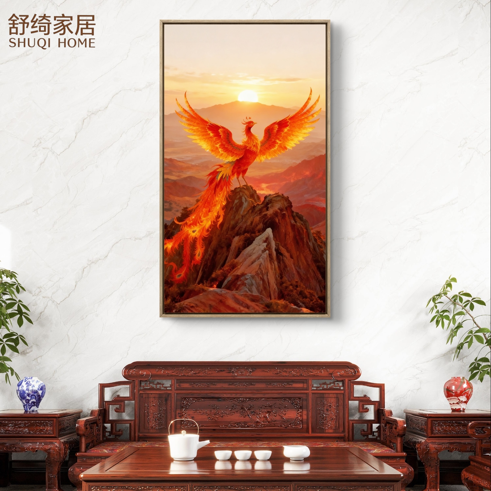 大气新中式客厅风景画火凤凰展翅挂画五行火土玄关画风水装饰定制