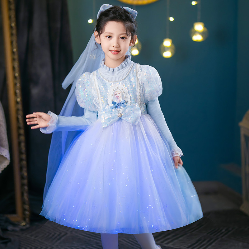 冰雪奇缘发光爱莎公主裙女童秋冬新款艾莎毛衣裙儿童生日连衣裙子