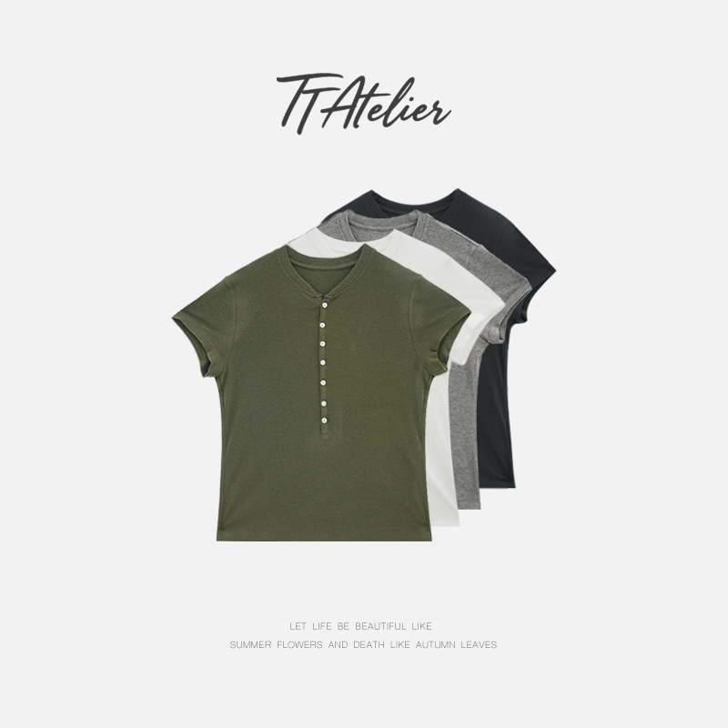 TT设计师【纯粹】日系慵懒风高级羊毛天丝醋酸贝壳门襟T恤TT190593