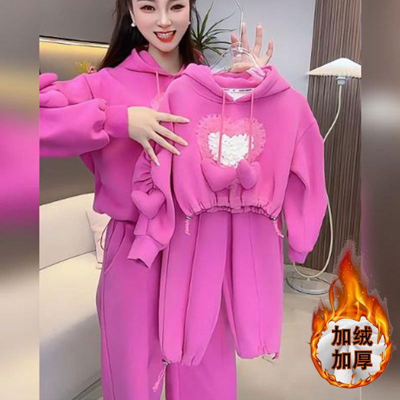 女童加绒套装大童韩版洋气时髦爱心连帽卫衣韩版休闲卫裤两件套潮