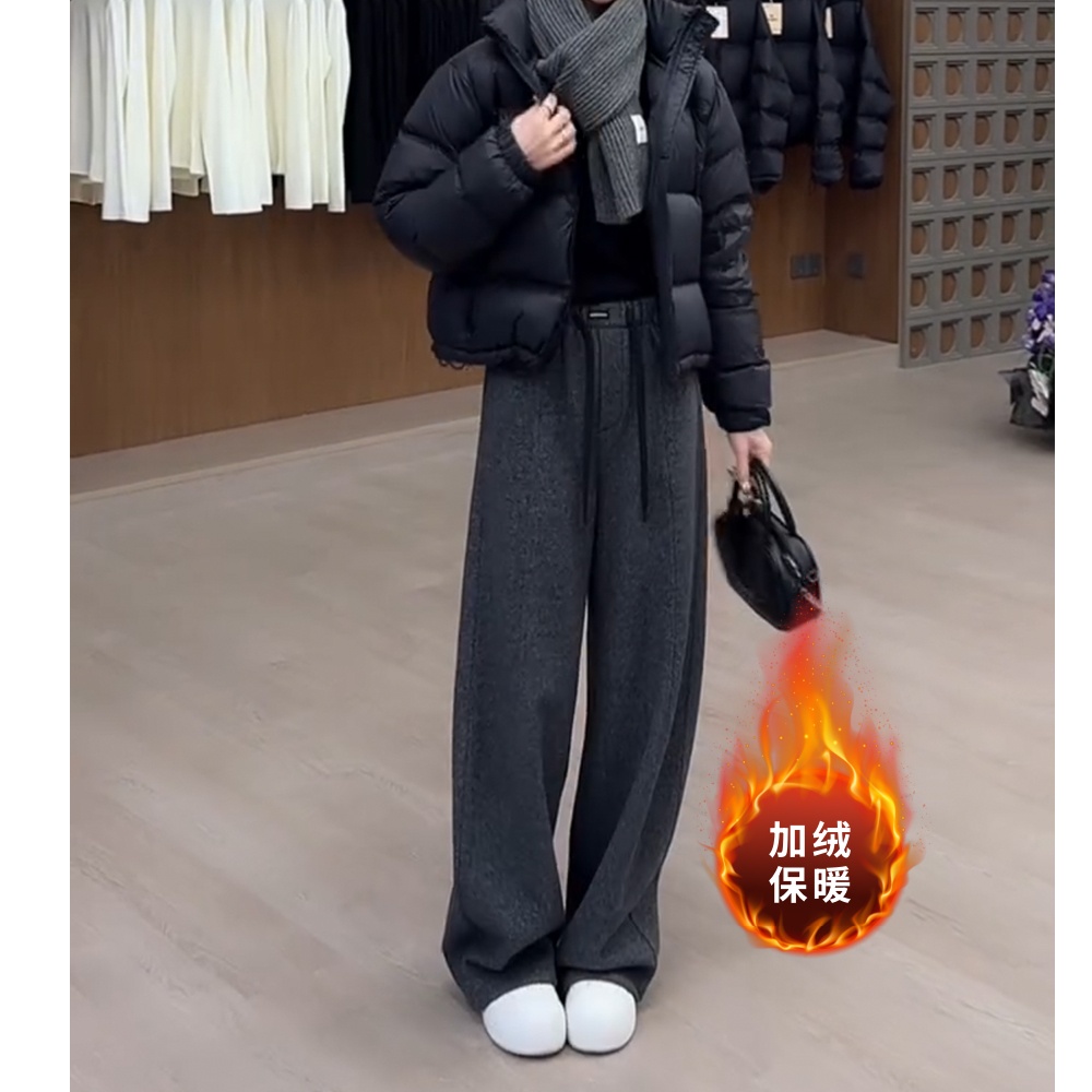秋冬加绒毛呢休闲窄版阔腿裤女宽松大码微胖mm遮肉显瘦直筒长裤子