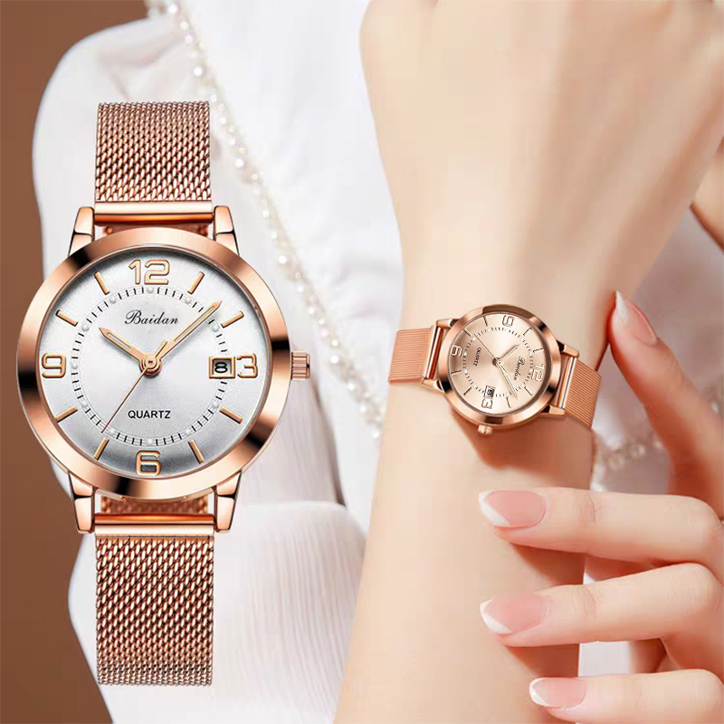 女士手表网红新款休闲时尚潮流日历网带防水石英表夜光腕表百搭