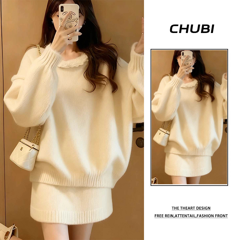 2025新款温柔慵懒风针织套装女秋冬高级感宽松圆领毛衣半裙两件套