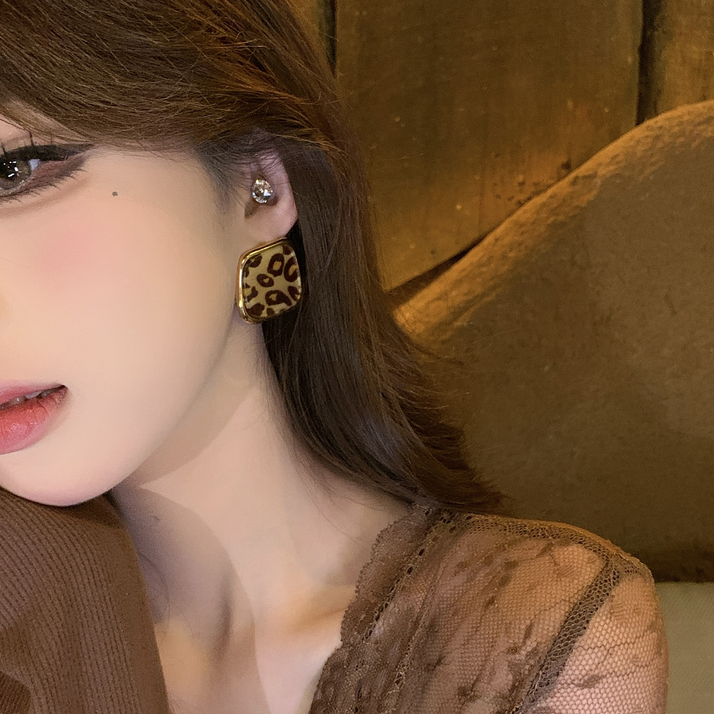 铜合金耳饰 秋冬新款豹纹几何方形气质耳环复古时尚精致耳饰
