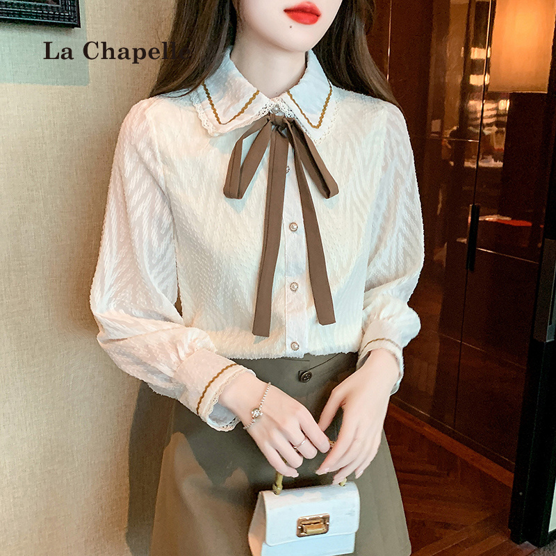 拉夏贝尔秋装设计感小众洋气时尚气质法式雪纺衫上衣蝴蝶结衬衣女