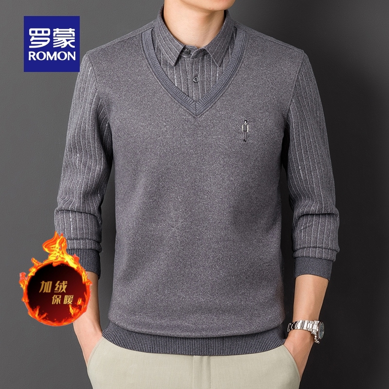 【含桑蚕丝+羊毛】罗蒙针织假两件2025冬季新款加绒保暖毛线衣男