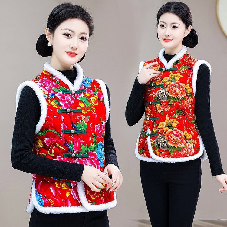 秋冬东北大花马甲中国风棉袄民族风盘扣女装加绒加厚保暖过年坎肩
