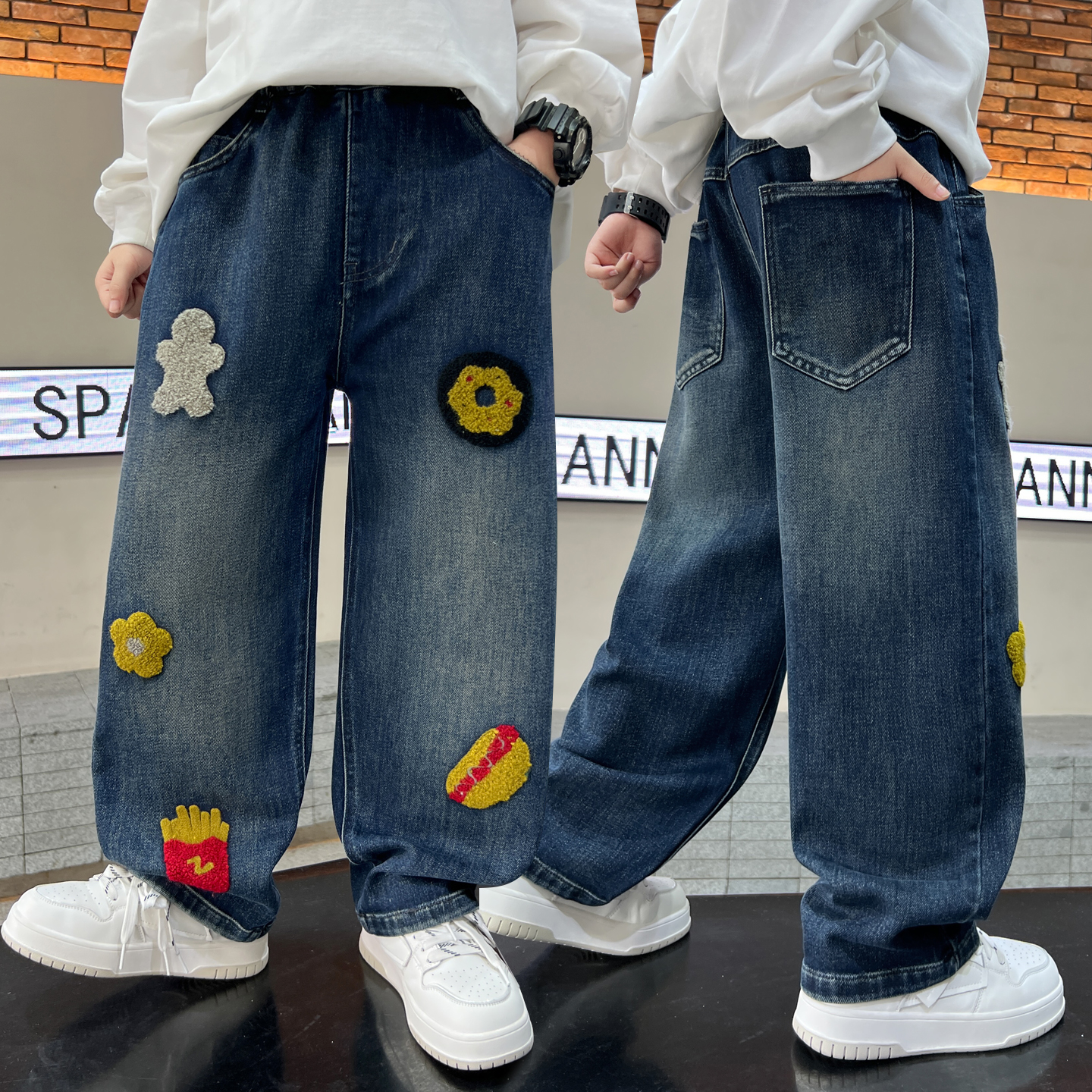 【秋款上新】儿童牛仔裤中大童刺绣卡通时髦痞帅宽松男女童休闲裤子