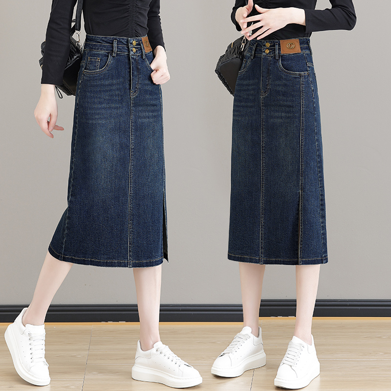 高雅侧开叉牛仔裙半身裙女秋季爆款新中式中长款复古显瘦a字裙子