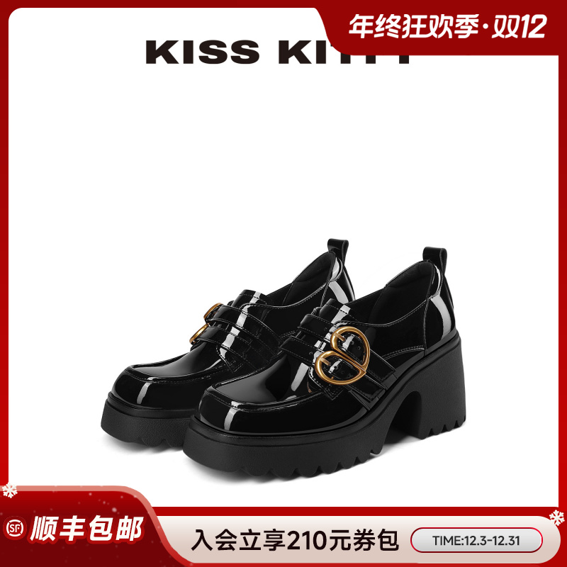 Kiss Kitty厚底乐福鞋女款爆款2025新款单鞋复古显高防水台时装鞋