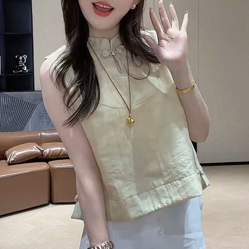 新中式国风盘扣无袖衬衫女2026夏季新款镂空宽松显瘦短款背心上衣