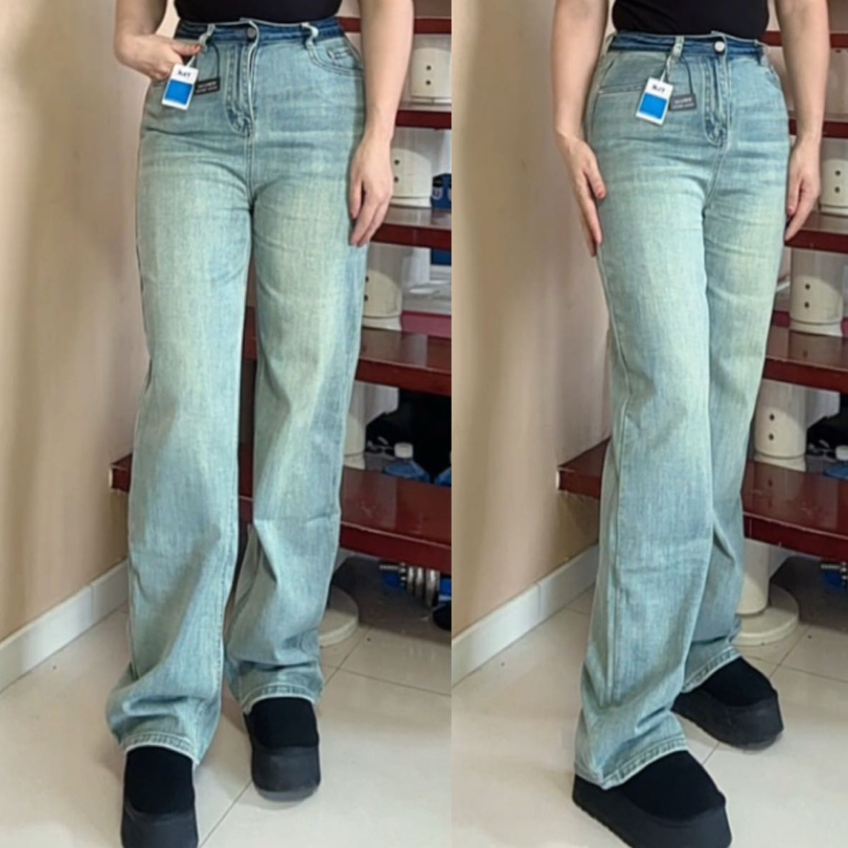 838复古蓝高腰直筒牛仔裤女秋冬季显瘦小个子直筒裤子