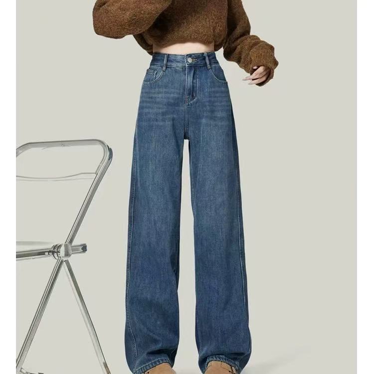 加绒复古直筒牛仔裤女秋冬高腰宽松超绝版型爆款阔腿裤子W25902